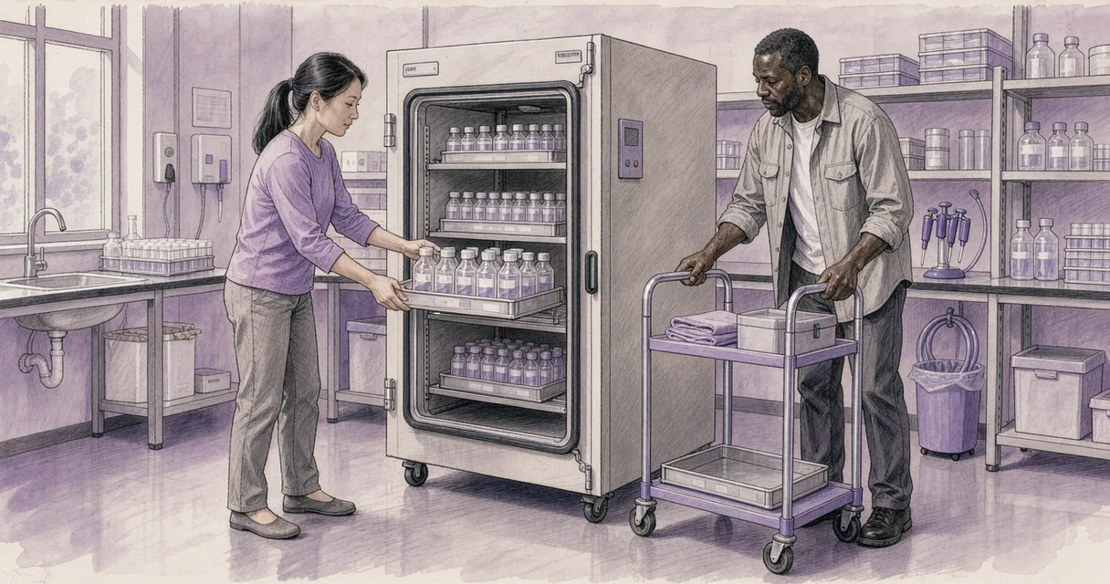 Two technicians sliding a tray of culture flasks into an open incubator