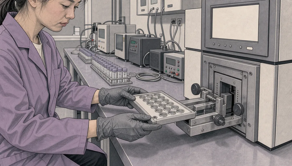 A laboratory technician positioning a sample tray at an analytical instrument
