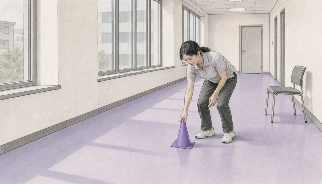 A technician setting a turning cone in a bright walking corridor